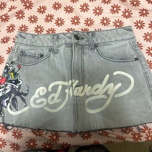 Ed Hardy Light Gray Denim Mini Skirt with White Logo and Multicolor Tattoo Art